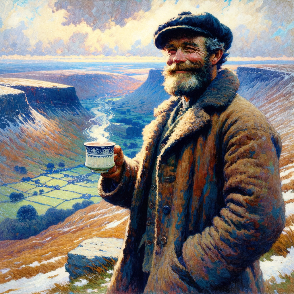 a white man from yorkshire on a mountain holding a cup of cocoa