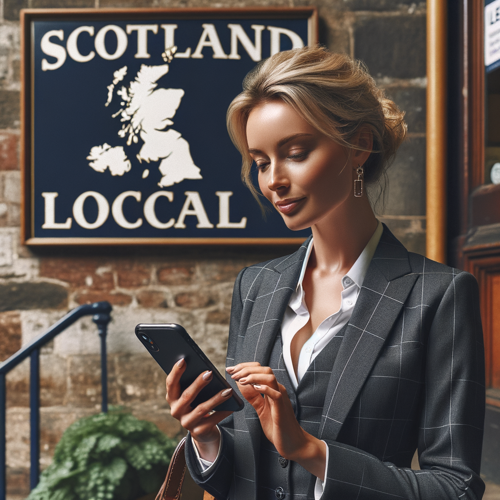 white scottish business woman reading her phone with a sign reading 'scotland local'