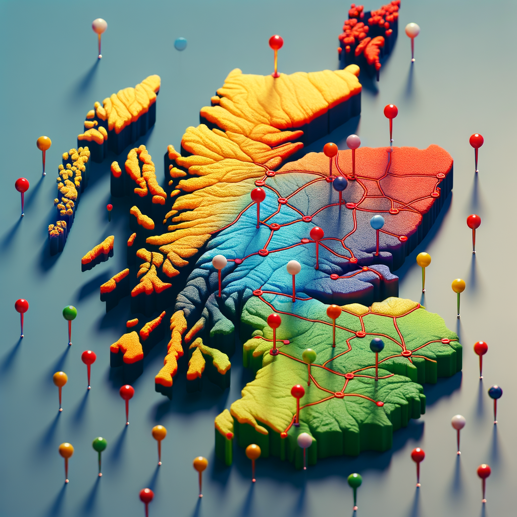 map of scotland with regions linked together by pins