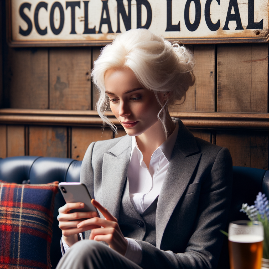 white scottish business woman reading her phone with a sign reading 'scotland local'