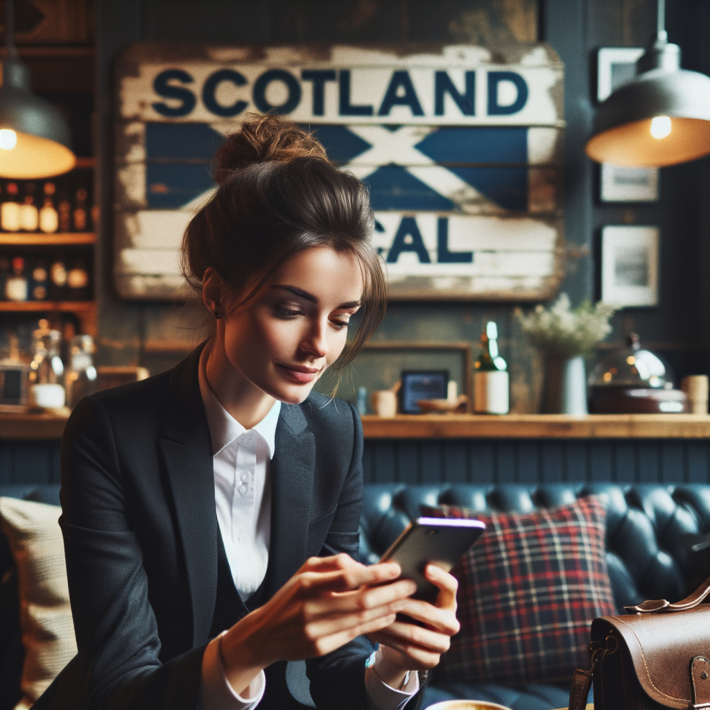 white scottish business woman reading her phone with a sign reading 'scotland local'