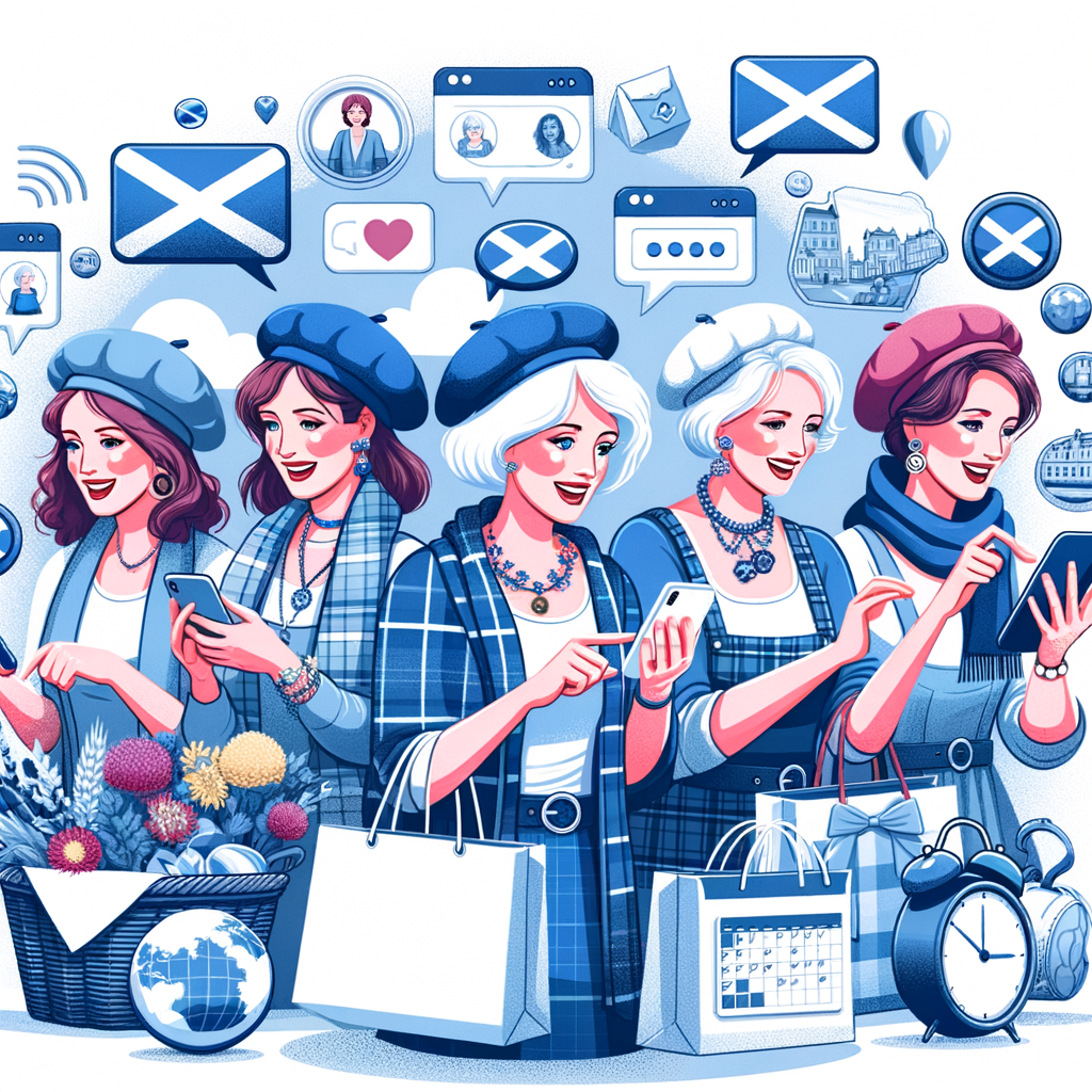 A group of white scottish women enjoying being part of a facebook group community. Where they can chat, shop, find out what's on and celebrate being Scottish