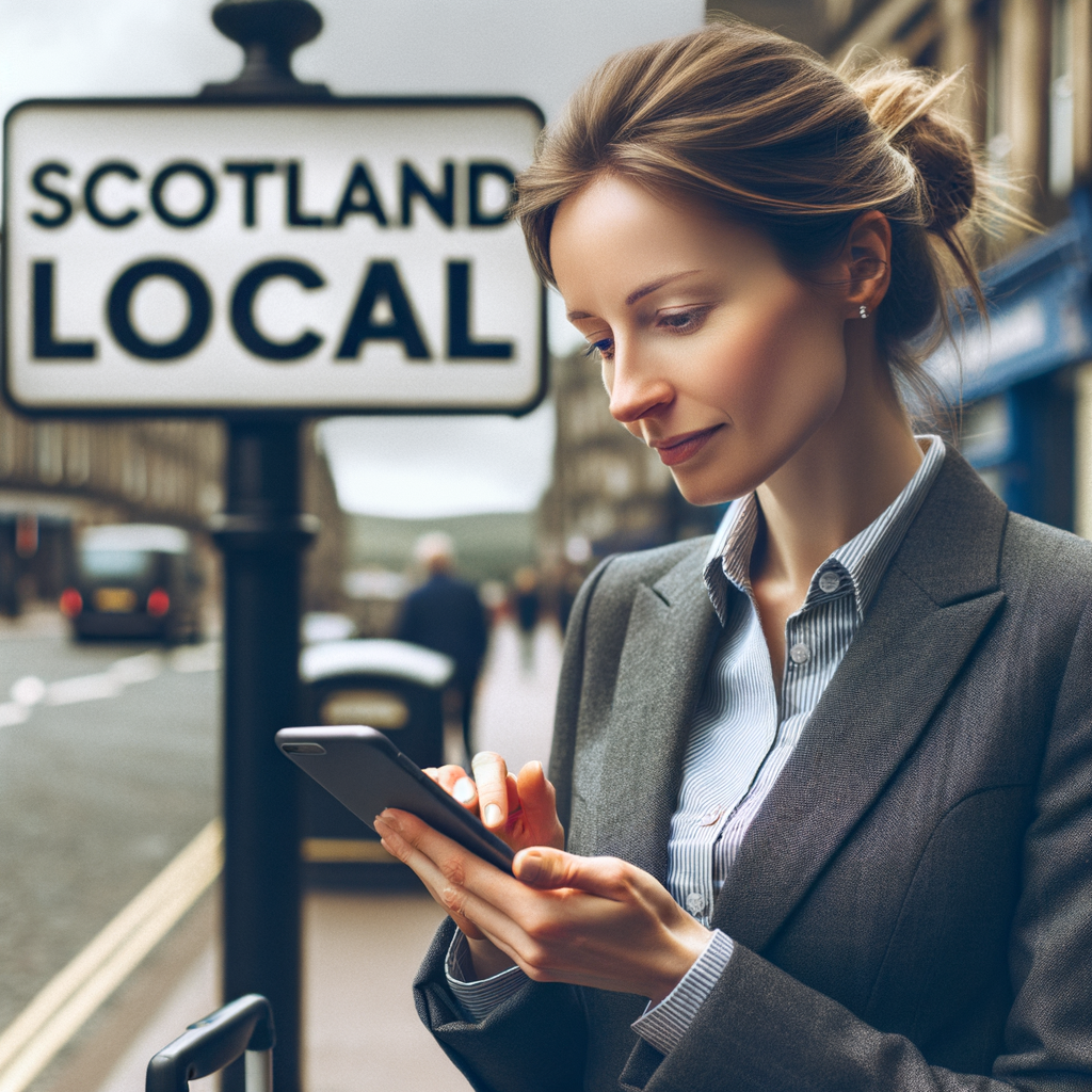 white scottish business woman reading her phone with a sign reading 'scotland local'