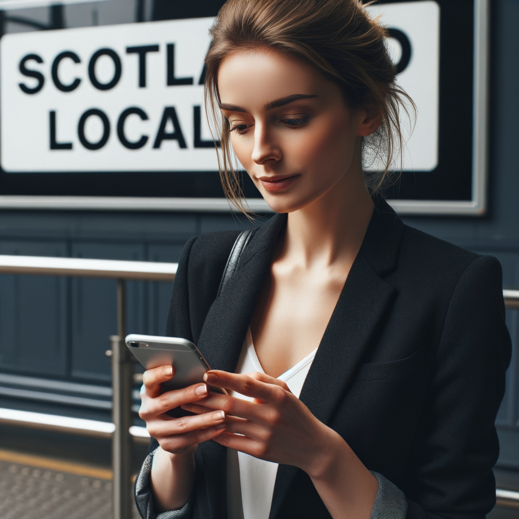 white scottish business woman reading her phone with a sign reading 'scotland local'