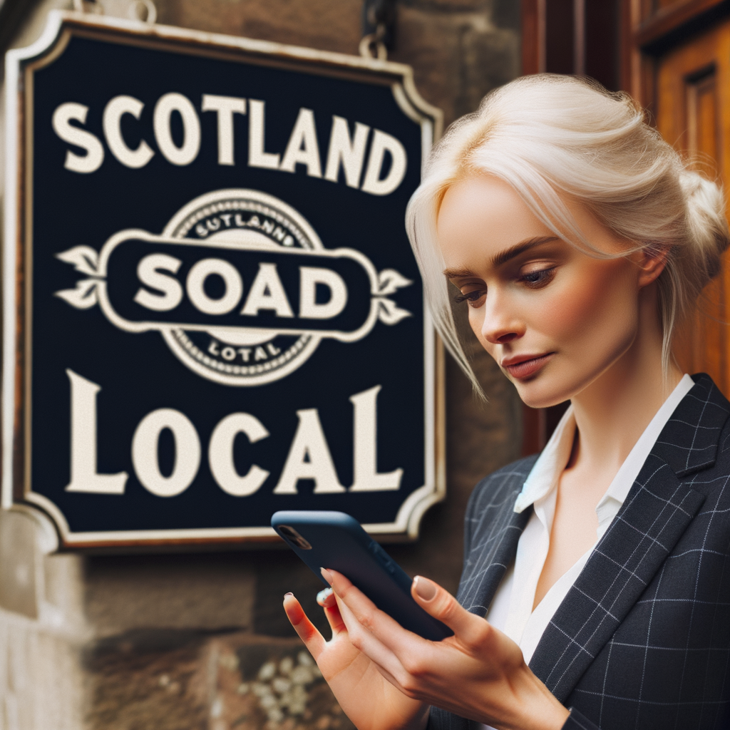 white scottish business woman reading her phone with a sign reading 'scotland local'