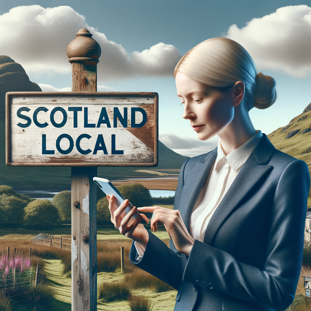 white scottish business woman reading her phone with a sign reading 'scotland local'