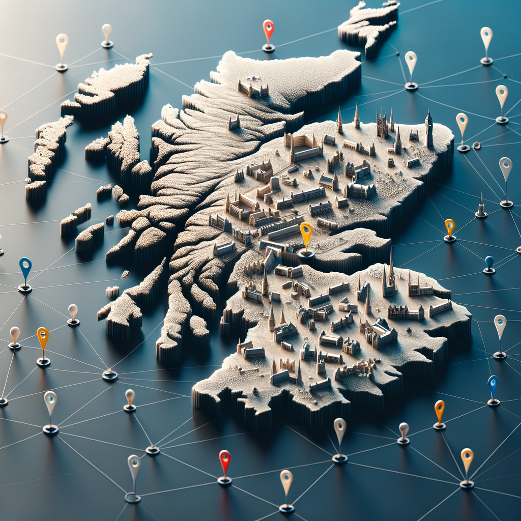 map of scotland with cities and towns linked together by pins