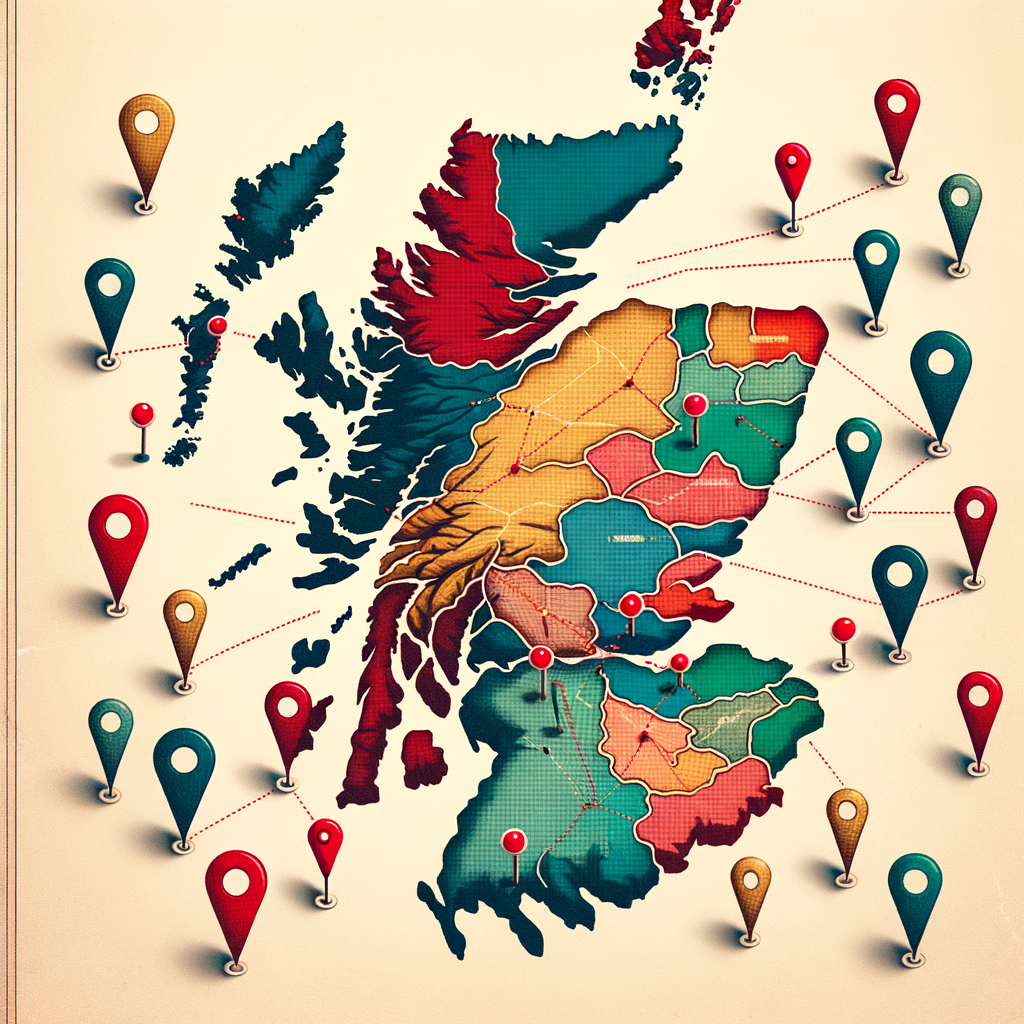 map of scotland with regions linked together by pins