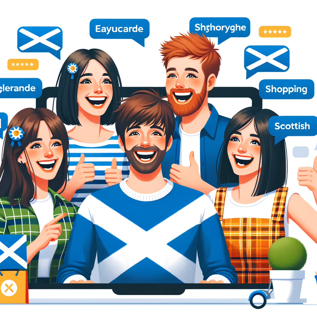 A group of young white scottish people enjoying being part of a facebook group community. Where they can chat, shop, find out what's on and celebrate being Scottish